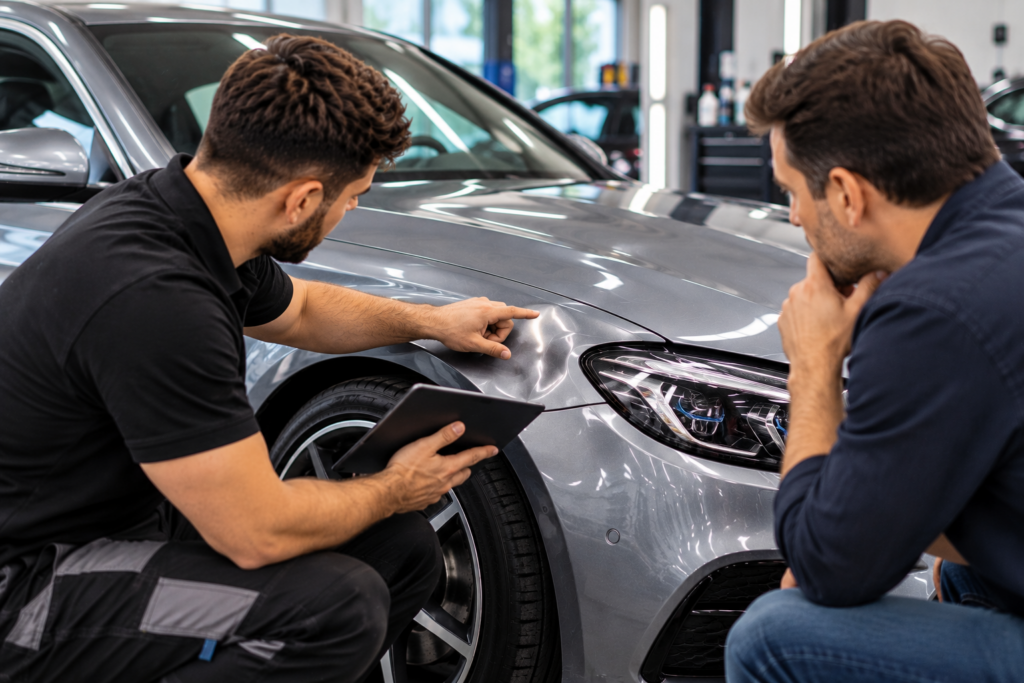 begutachtung einer eingedellten autokarosserie
