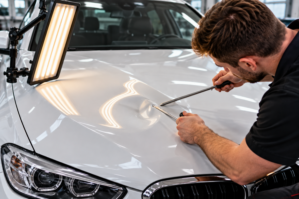 dellenreparatur an weißer limousine