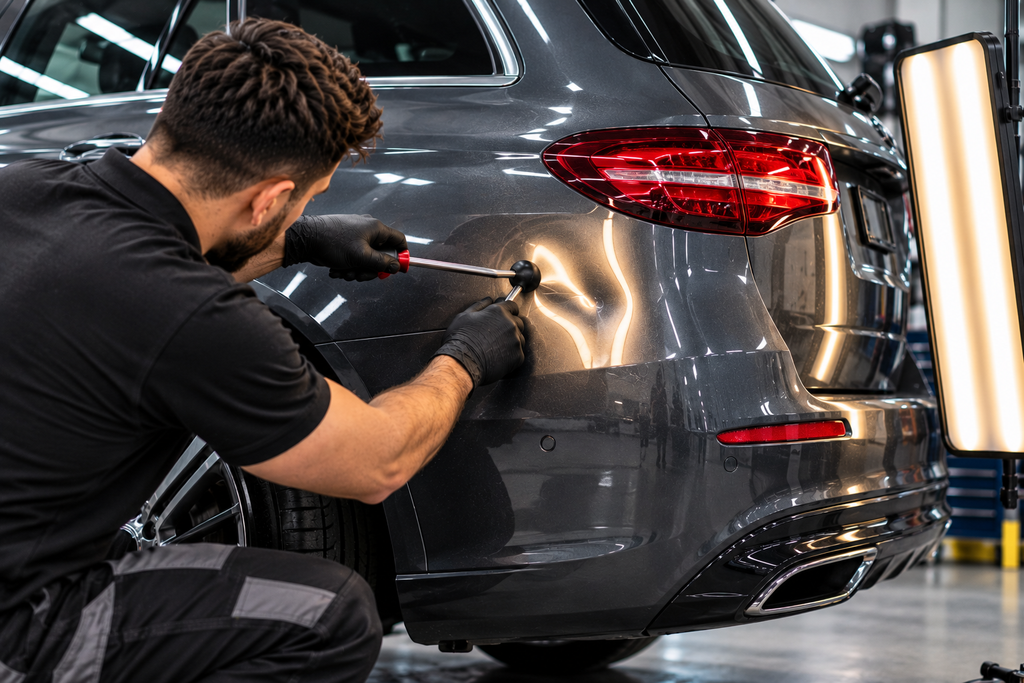 lackreparatur am heck eines luxuswagens