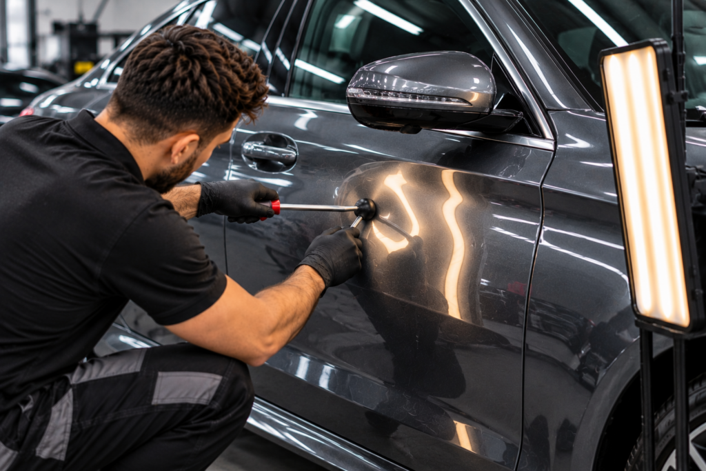 professionelle dellenreparatur am luxusfahrzeug