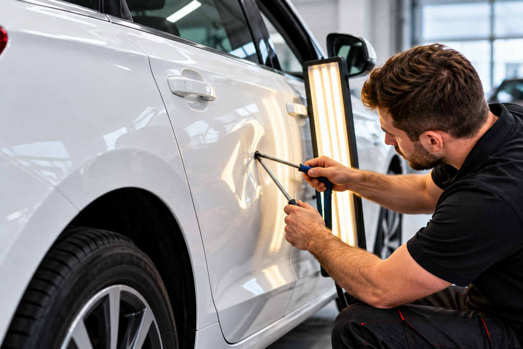 professionelle dellenreparatur am weißen auto
